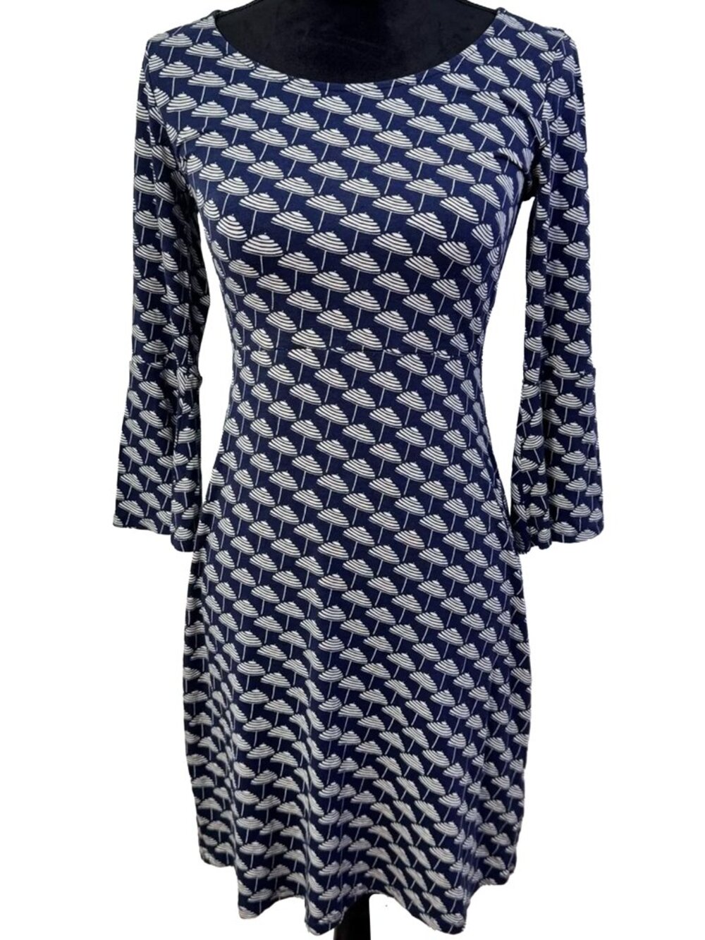 Boden Miriam Navy White Parasol Print Jersey Dress Bell Sleeve Size 4L EUC